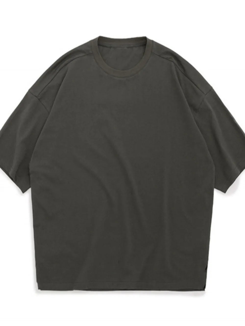 Oversized textured crew neck tee in dark gray with short sleeves and a relaxed fit.