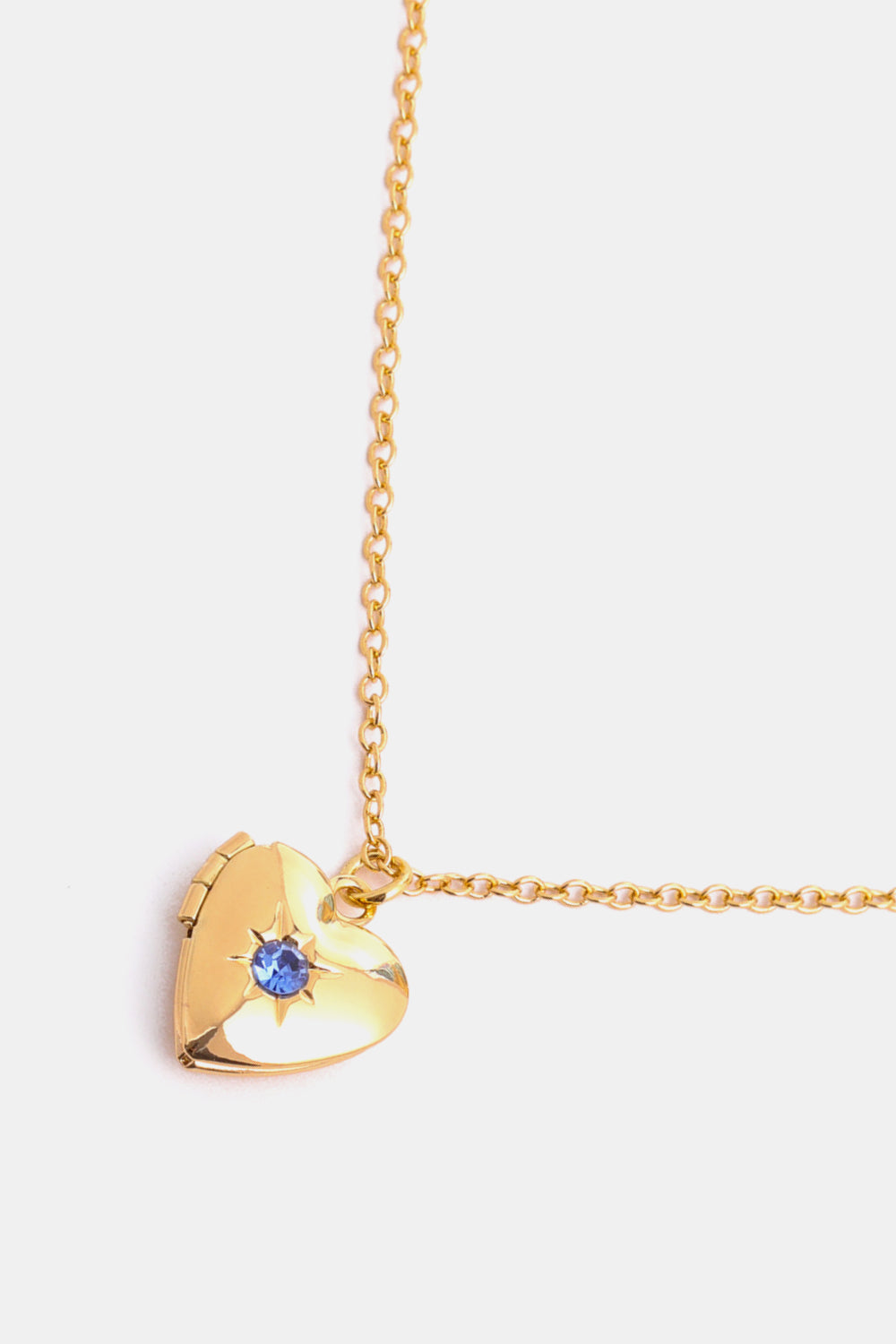 Gold heart locket necklace with blue gemstone, 14k gold chain