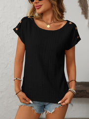 Black eyelet knit tee with shoulder button detail and scoop neck
