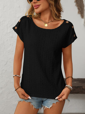 Black eyelet knit tee with shoulder button detail and scoop neck