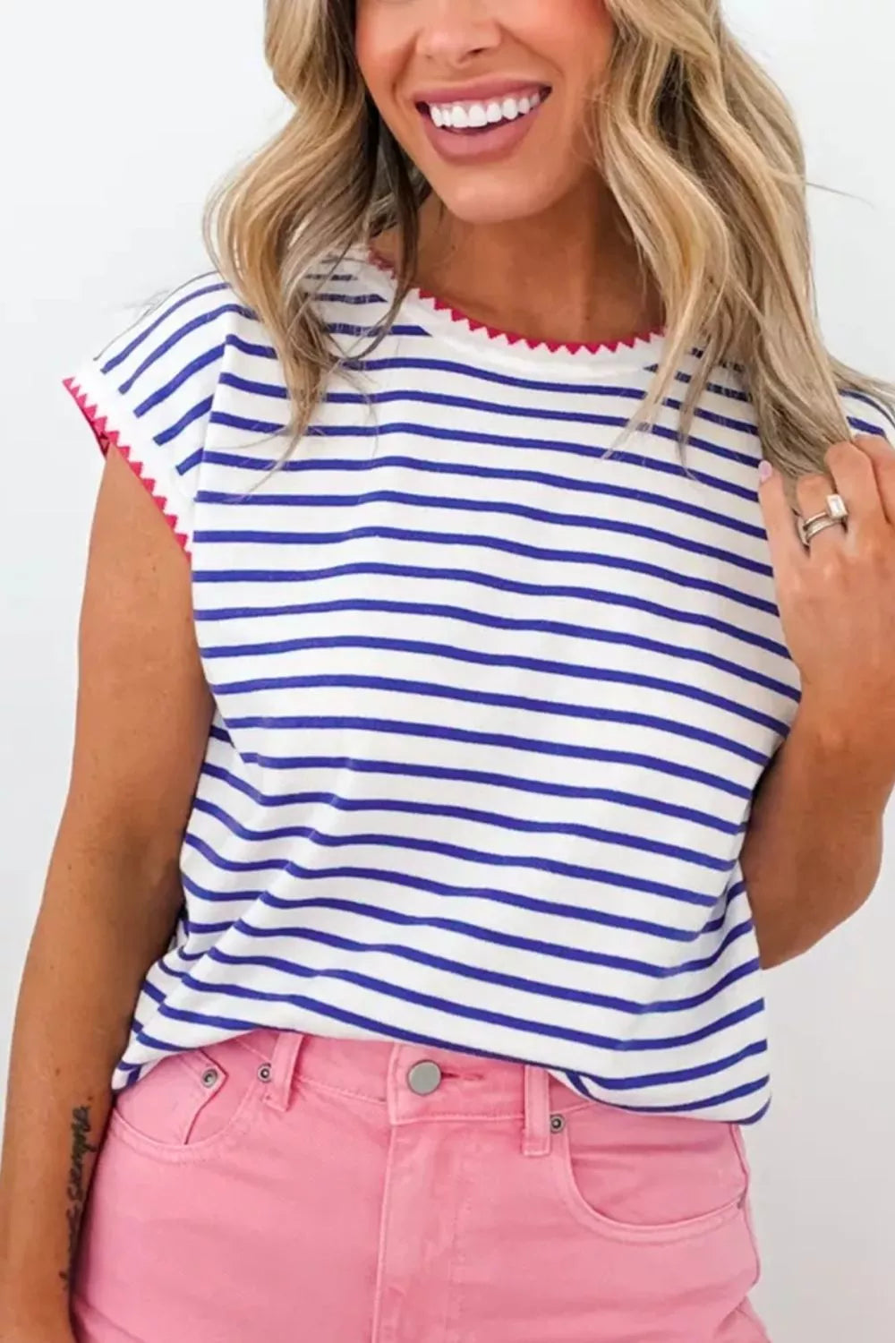 Blue and white striped cotton tee with zig-zag trim on neckline and sleeves.