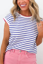 Blue and white striped cotton tee with zig-zag trim on neckline and sleeves.