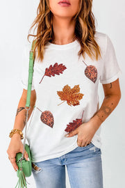 White crew neck tee with embellished autumn leaf print