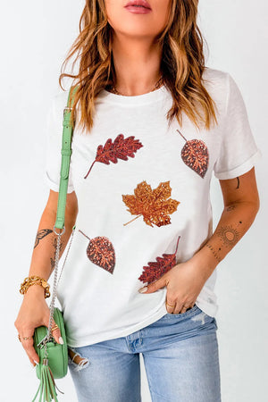 White crew neck tee with embellished autumn leaf print