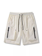 White lightweight cargo shorts with drawstring and zipper pockets