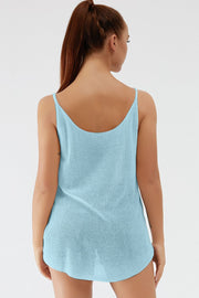 Light blue ribbed knit cami with scoop back and thin straps
