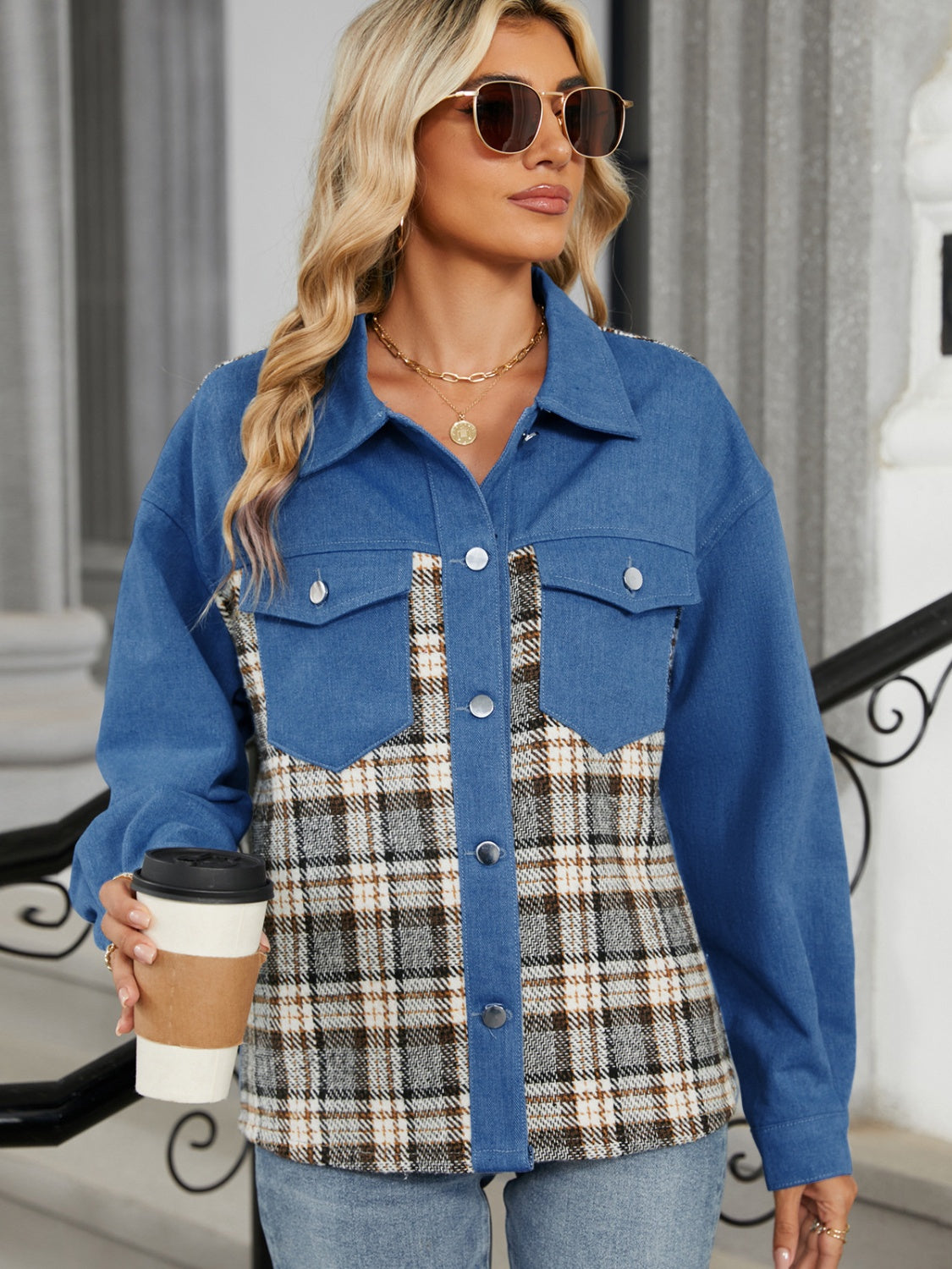 Denim & Plaid Patchwork Overshirt in Dusty Blue with button front and chest pockets.