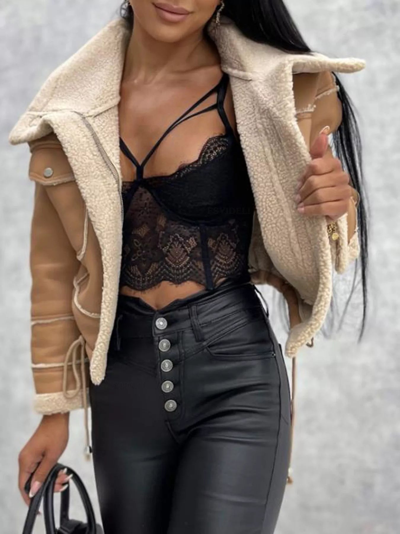 Cropped sherpa trim jacket in beige with buttoned style and faux fur lining.