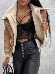 Cropped sherpa trim jacket in beige with buttoned style and faux fur lining.