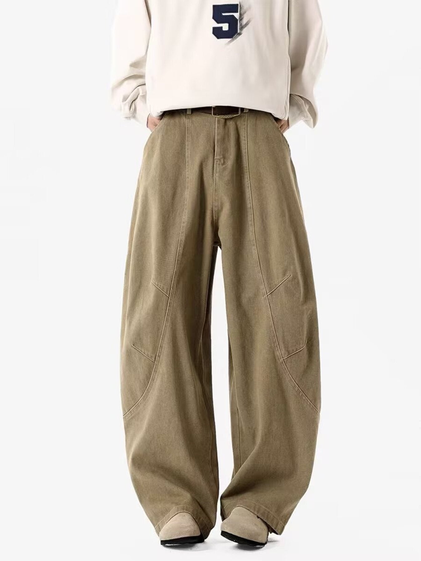 Men's taupe wide-leg sweatpants with panel detailing and a relaxed fit.