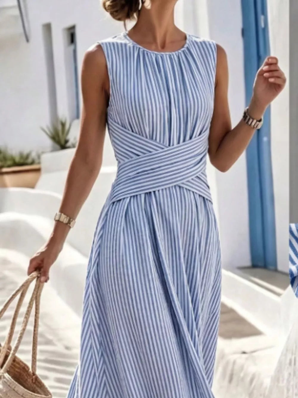Full Size Striped Sleeveless Maxi Dress in Pink, front view