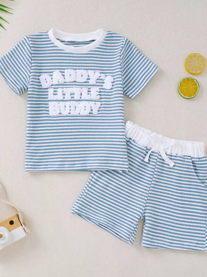 Baby blue and white striped tee with applique text and matching shorts.
