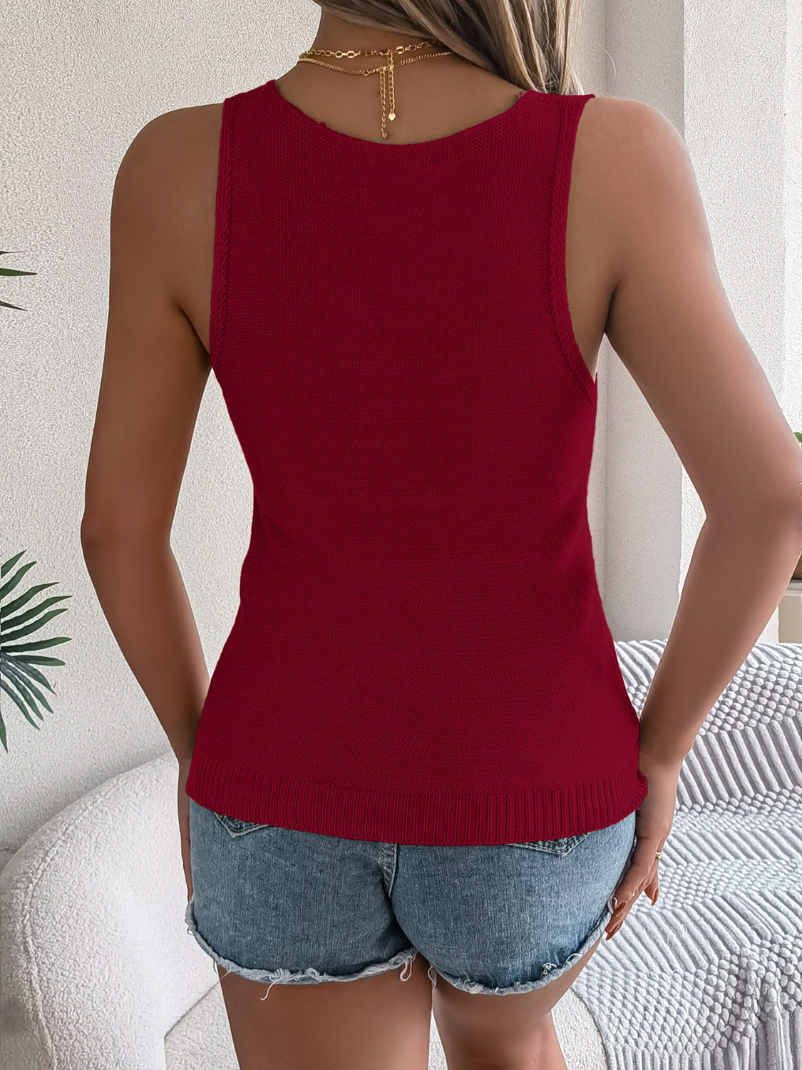 Burgundy open-knit chevron tank top with a scoop neckline.
