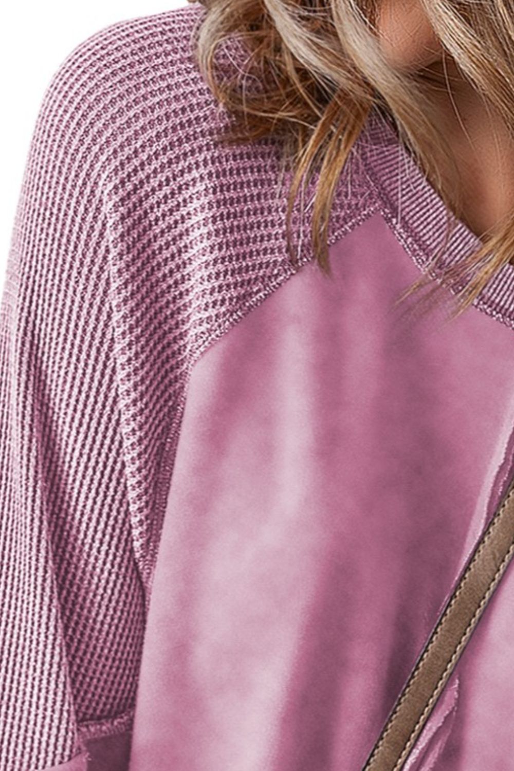 Dusty Pink waffle knit raglan sweatshirt with crew neck and contrast panel detail.