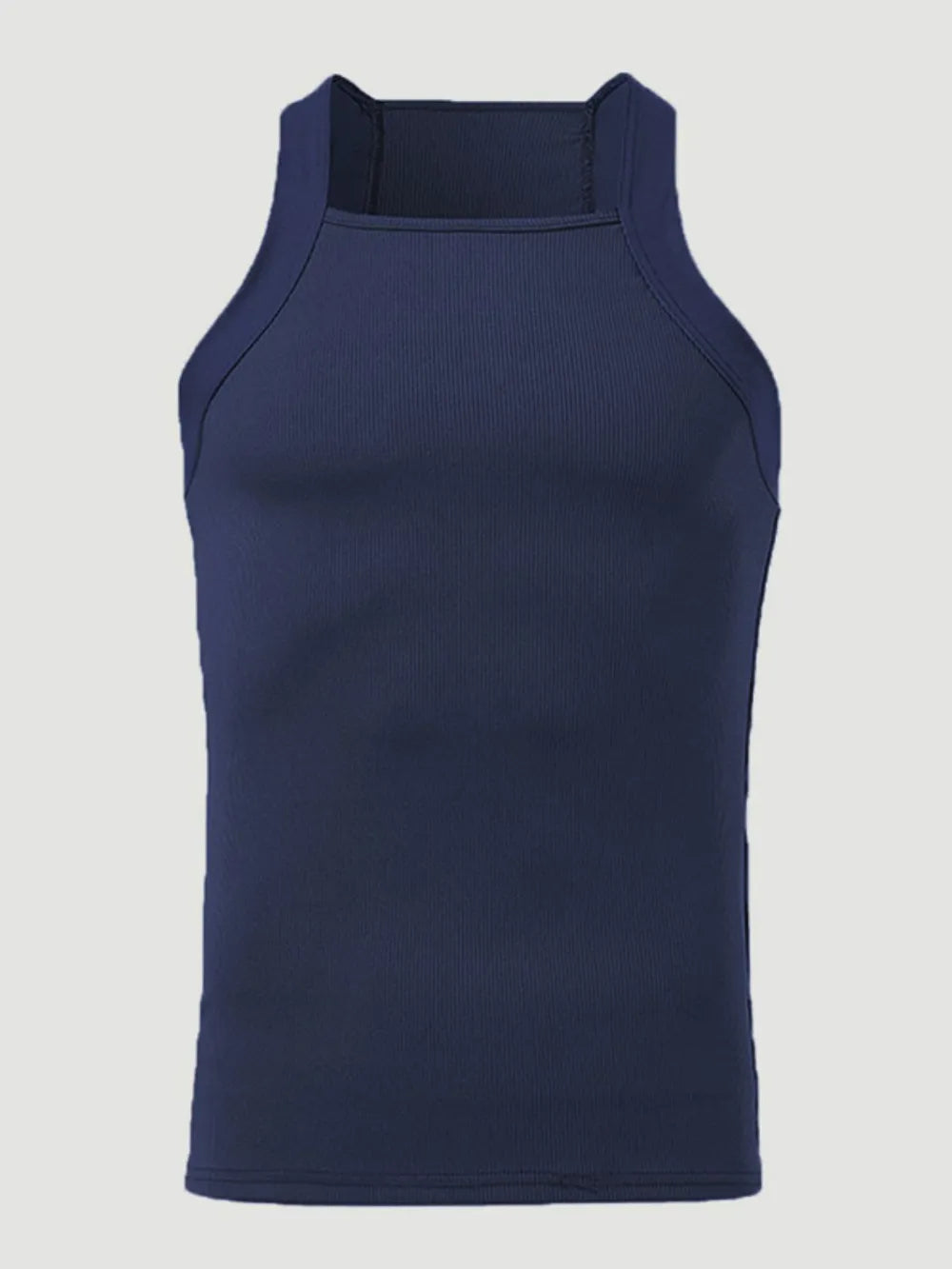 Navy ribbed tank top with square neckline and racerback detail