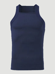 Navy ribbed tank top with square neckline and racerback detail