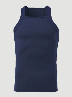 Navy ribbed tank top with square neckline and racerback detail