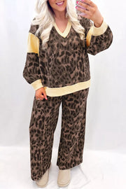 Leopard Print Long Sleeve V-neck Top & Pant Set in Coffee Brown, close-up detail
