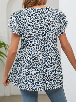 Babydoll blouse with flutter sleeves and blue leopard print, cinched waist