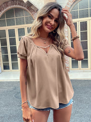 Camel gathered sleeve plunge neckline blouse with pearl trim detail