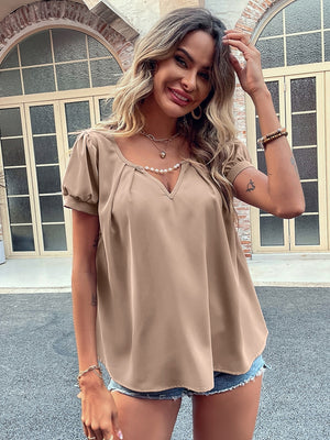 Camel gathered sleeve plunge neckline blouse with pearl trim detail