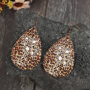 Brown leopard floral laser-cut teardrop earrings with copper hooks