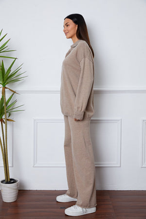 Relaxed knit polo co-ord set in Khaki, featuring a collared neckline and long sleeves.