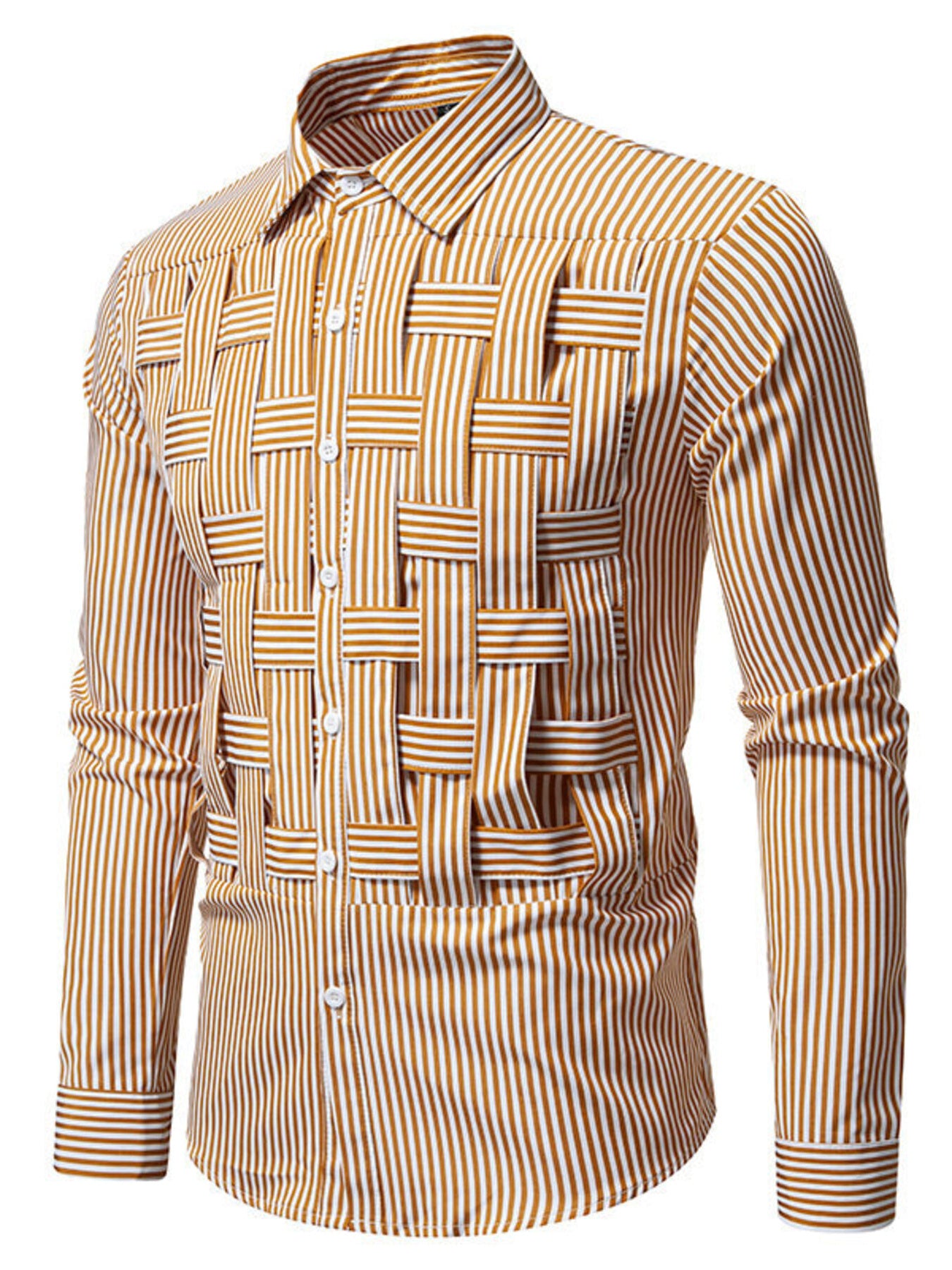 Men's brown and white striped long sleeve button-down shirt with woven detail