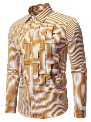 Men's brown and white striped long sleeve button-down shirt with woven detail