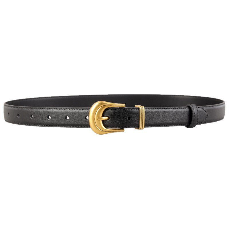 Black cowhide leather belt with gold buckle and stitched detail