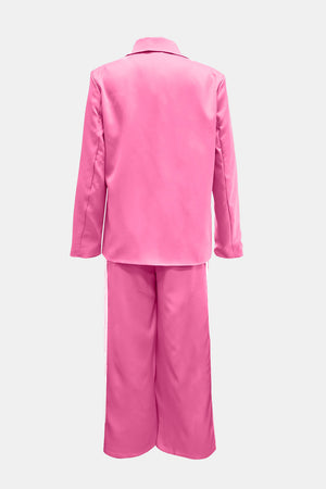 Hot Pink satin pant suit with track stripe detail on pants