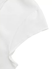 White cap sleeve midi dress with tie detail, showing sleeve and neckline detail.