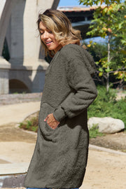 Plush hooded duster in dark gray with thumbhole cuffs and pockets