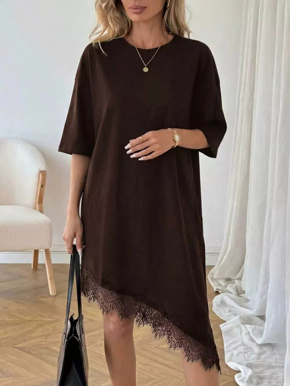 Chocolate asymmetrical t-shirt dress with lace trim hem