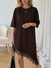 Chocolate asymmetrical t-shirt dress with lace trim hem