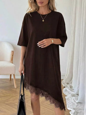 Chocolate asymmetrical t-shirt dress with lace trim hem