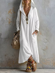 Long Sleeve Hooded Midi Dress With Pockets in White, close-up detail