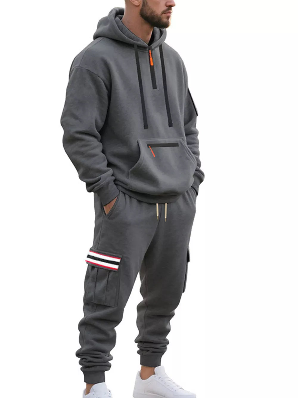 Men's Casual Half-zip Hoodie And Cargo Pants Set in Navy Blue, fabric detail