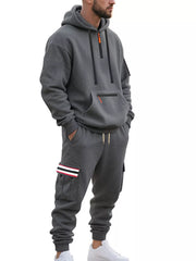 Men's Casual Half-zip Hoodie And Cargo Pants Set in Navy Blue, fabric detail