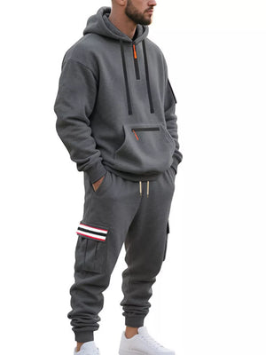 Men's Casual Half-zip Hoodie And Cargo Pants Set in Navy Blue, fabric detail