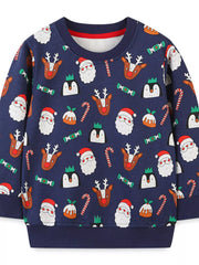 Children's dark navy Christmas print cotton crew neck sweatshirt with Santa, reindeer, penguins, candy canes, and puddings.
