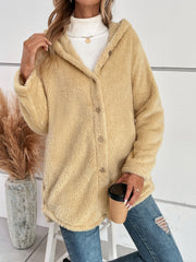 Pastel yellow teddy bear hooded button-up jacket with a soft fuzzy texture.