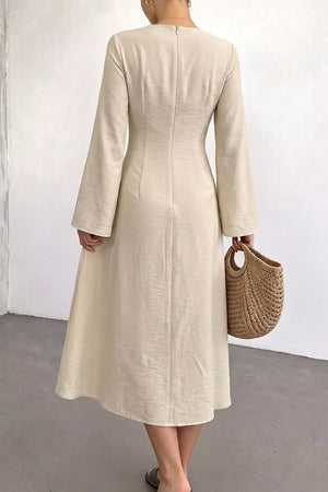 Ruched Long Sleeve Midi Dress in Beige, model styling view