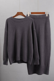 Dark Gray ribbed knit midi co-ord set with crew neck sweater and midi skirt.