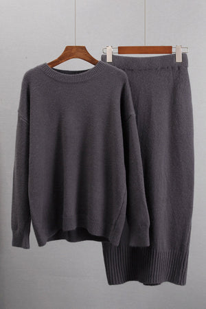 Dark Gray ribbed knit midi co-ord set with crew neck sweater and midi skirt.