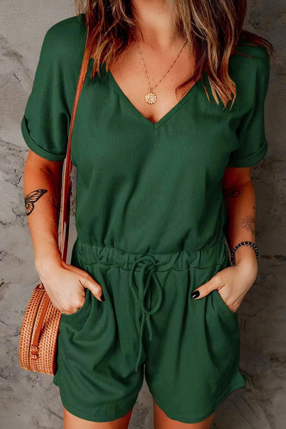 Dark Green V-neck short romper with adjustable drawstring waist and cuffed sleeves.