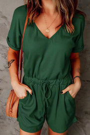 Dark Green V-neck short romper with adjustable drawstring waist and cuffed sleeves.