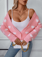 Blush pink acrylic knit cardigan with white hearts, button-front, V-neck