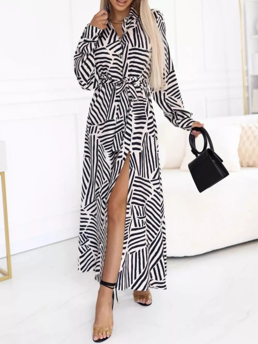 Geometric Print Belted Maxi Shirt Dress in Zebra, front view
