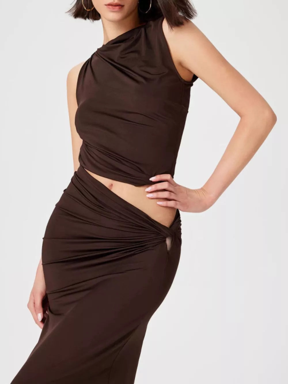 Asymmetrical Ruched Knit Top And Skirt Set in Yellow Green, model styling view